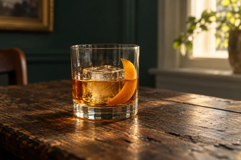 Illustration of an Old Fashioned with a large ice cube and orange peel
