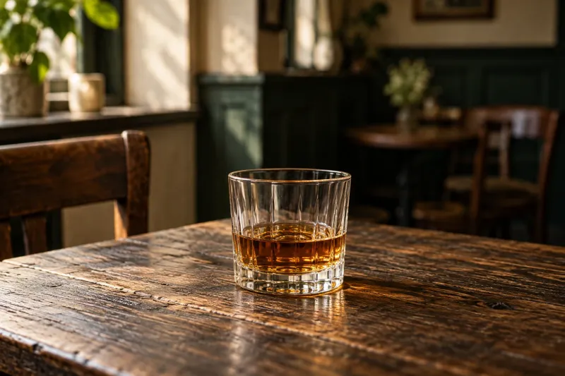 Illustration of amber whiskey in a glass on an oak table
